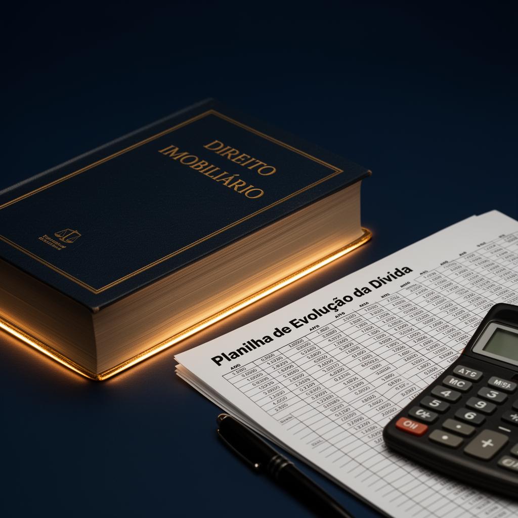 Livro de Direito Imobiliário ao lado de planilha de evolução da dívida e calculadora