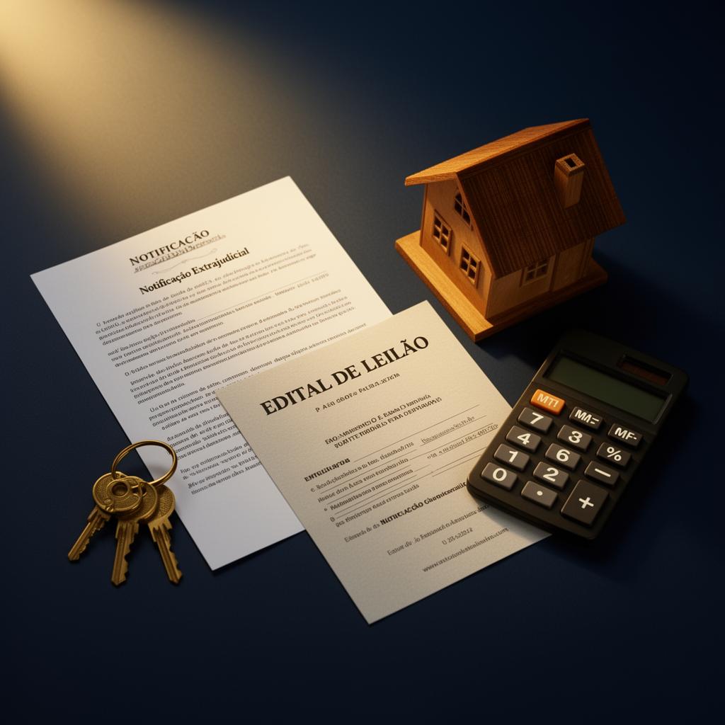 Notificação extrajudicial e edital de leilão sobre uma mesa